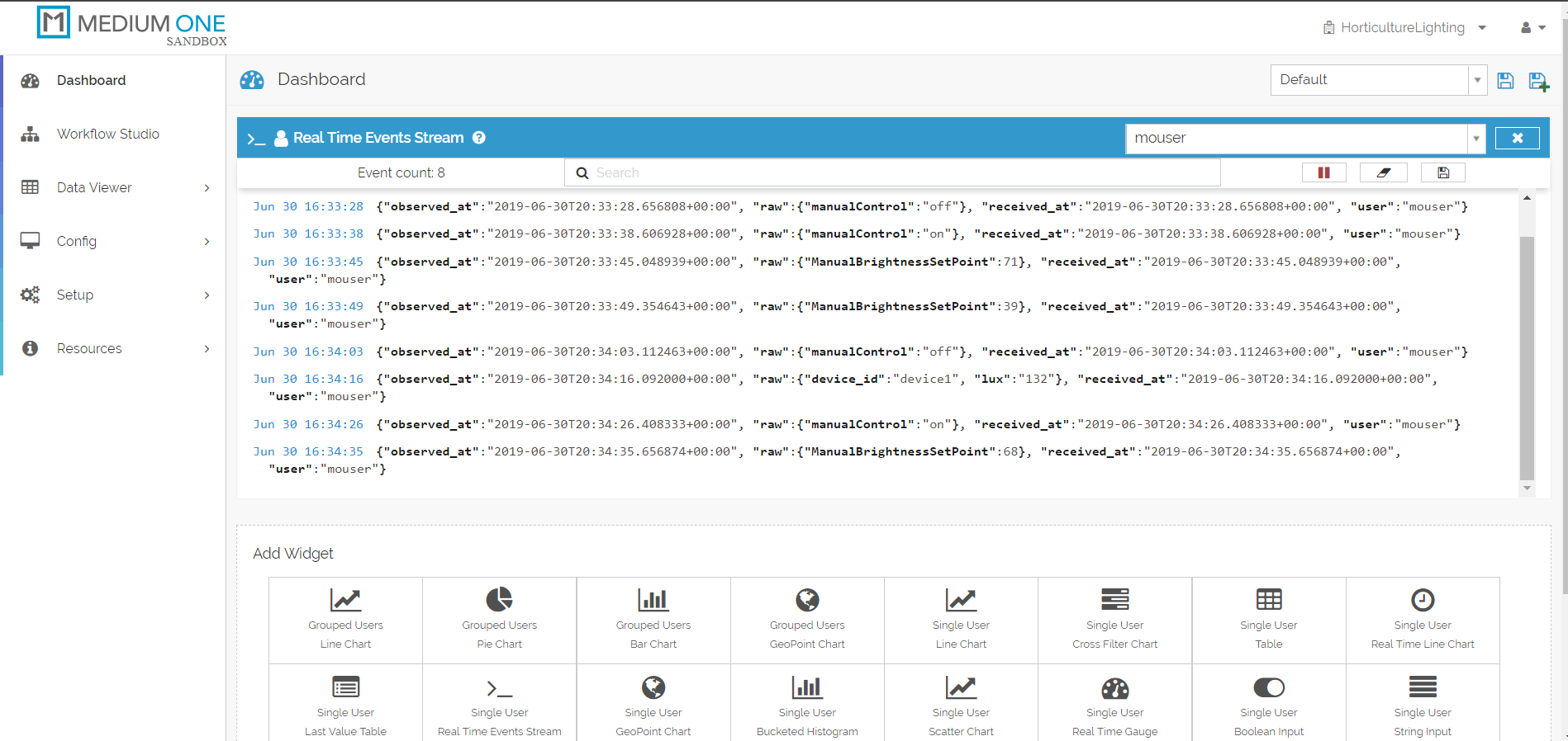 The raw data stream from the microcontroller and smartphone application.