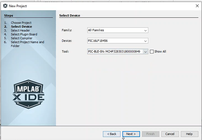 Selecting device and tool in MPLAB