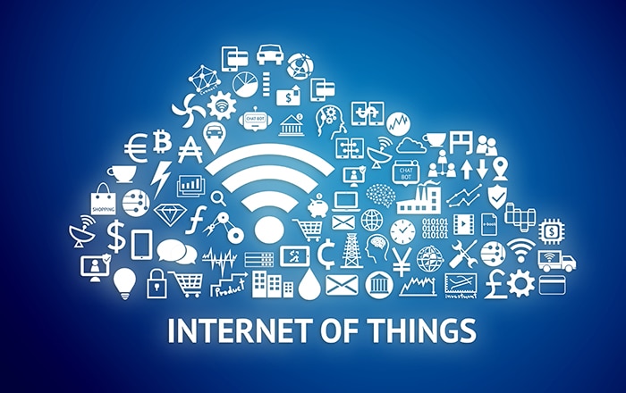 Internet of things (IOT) and digital lifestyle concept . White Text, Wifi and icon features with blue background