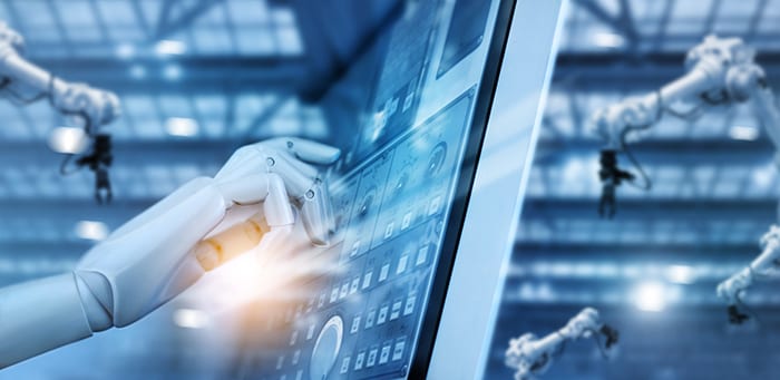 Hand robot working on control panel in intelligent factory industrial monitoring system software. Check and control automation robot arms machine. Robotics and digital manufacturing operation system