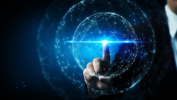 holographic sphere with nodes centered on pointed index finger of businessman
