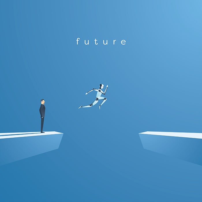 robot jumping a gap with a man on the side