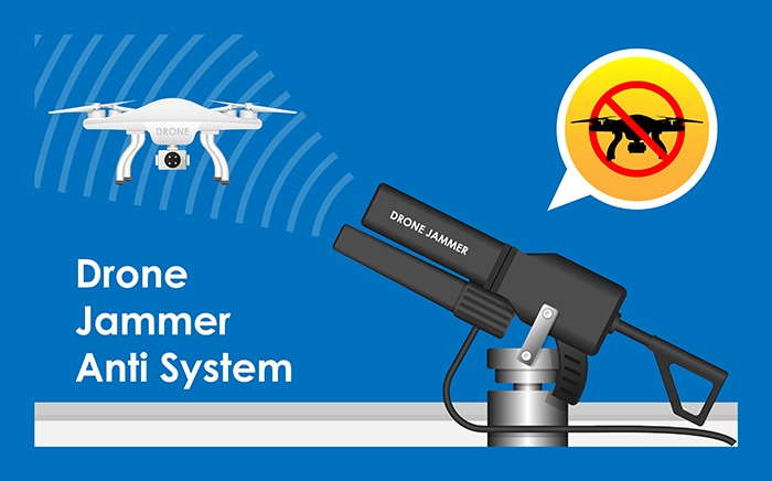concept of a UAV jammer system, lower-right, emitting signal interrupters at a UAV in upper-right corner