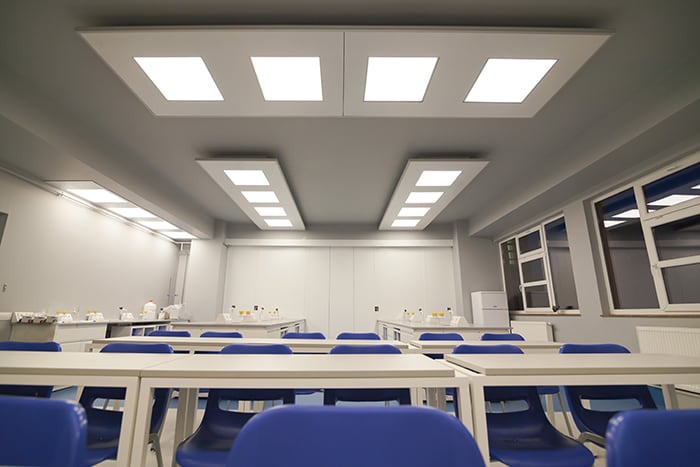 Interior background of clean modern white medical, teaching, chemical or research room.