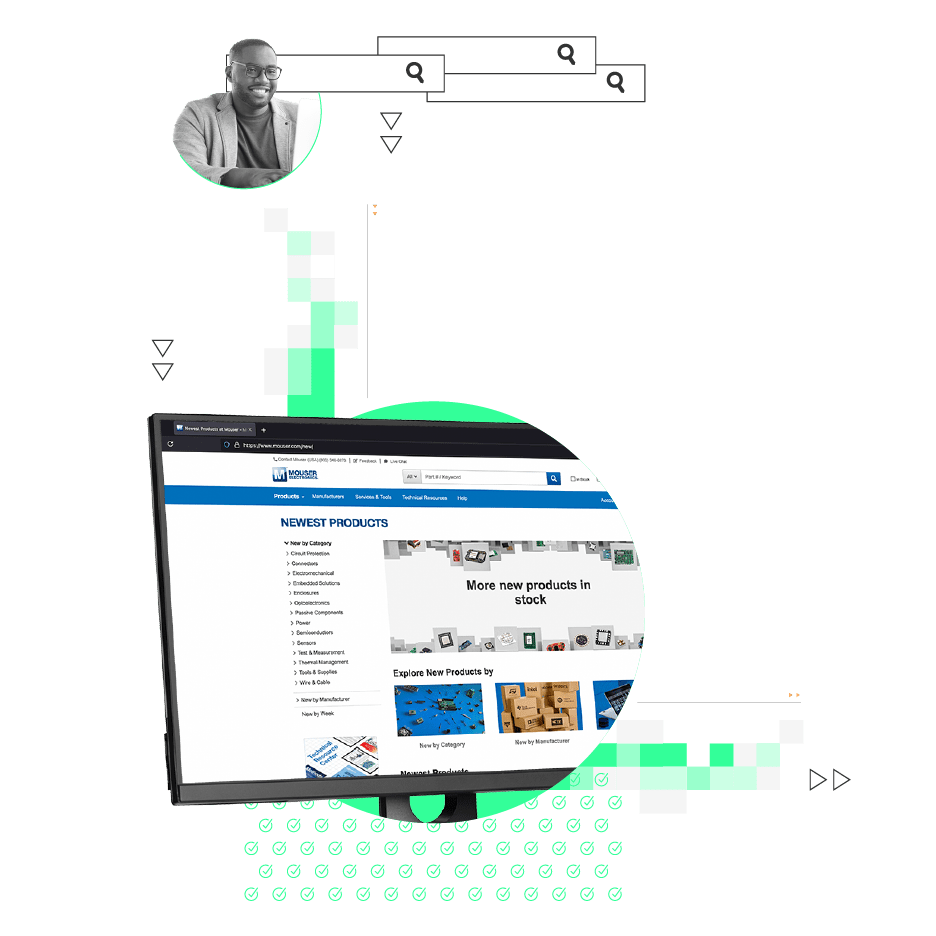 A computer monitor with the newest products from mouser.com displayed