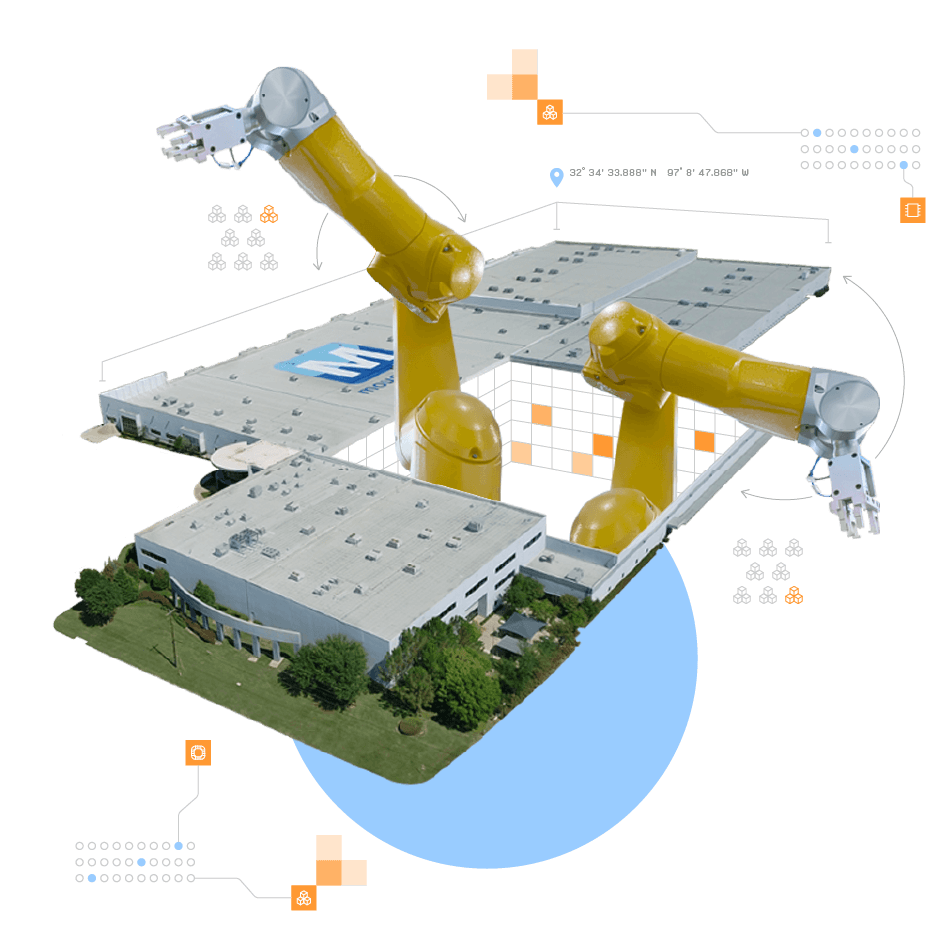 A photograph of Mouser's physical office building and warehouse with yellow robotic arms bursting out of the middle