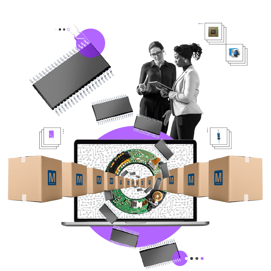 A computer monitor shipping boxes and electronic parts coming out of the screen