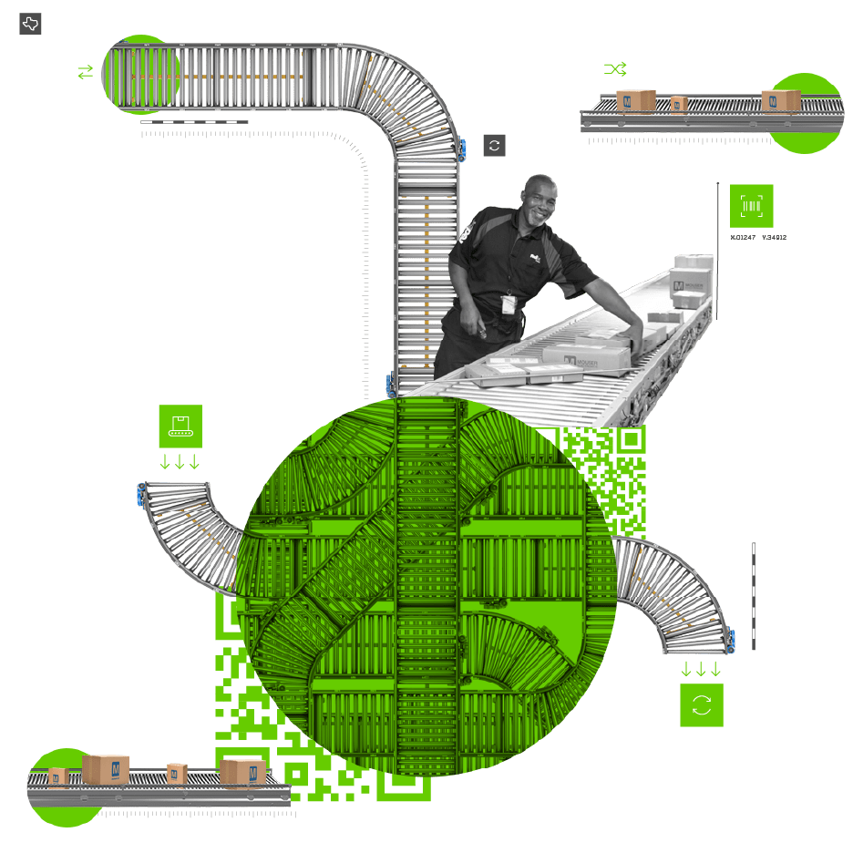 Conveyor belts are intertwined together an a man is touching a box on one of the conveyor belts while smiling