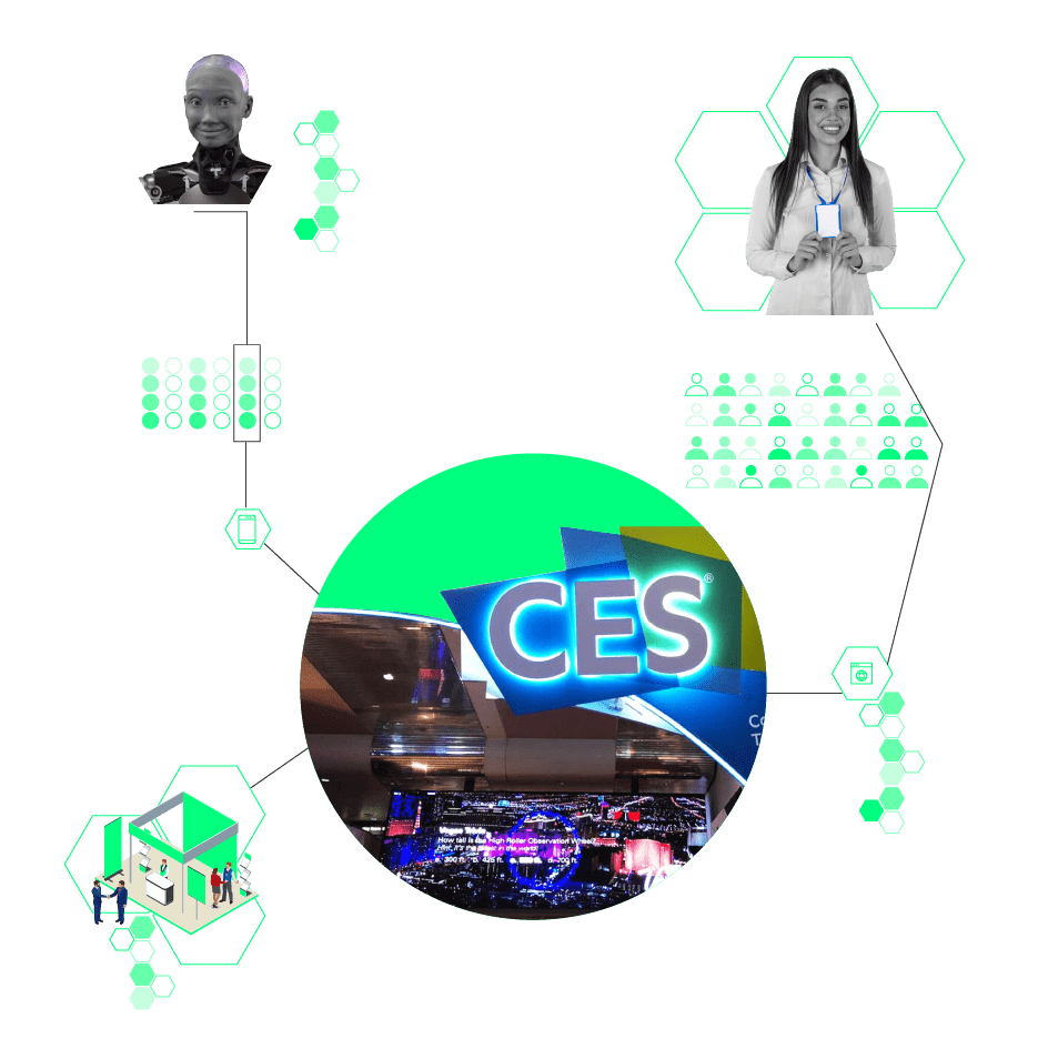 The CES exhibition logo and a humanoid robot