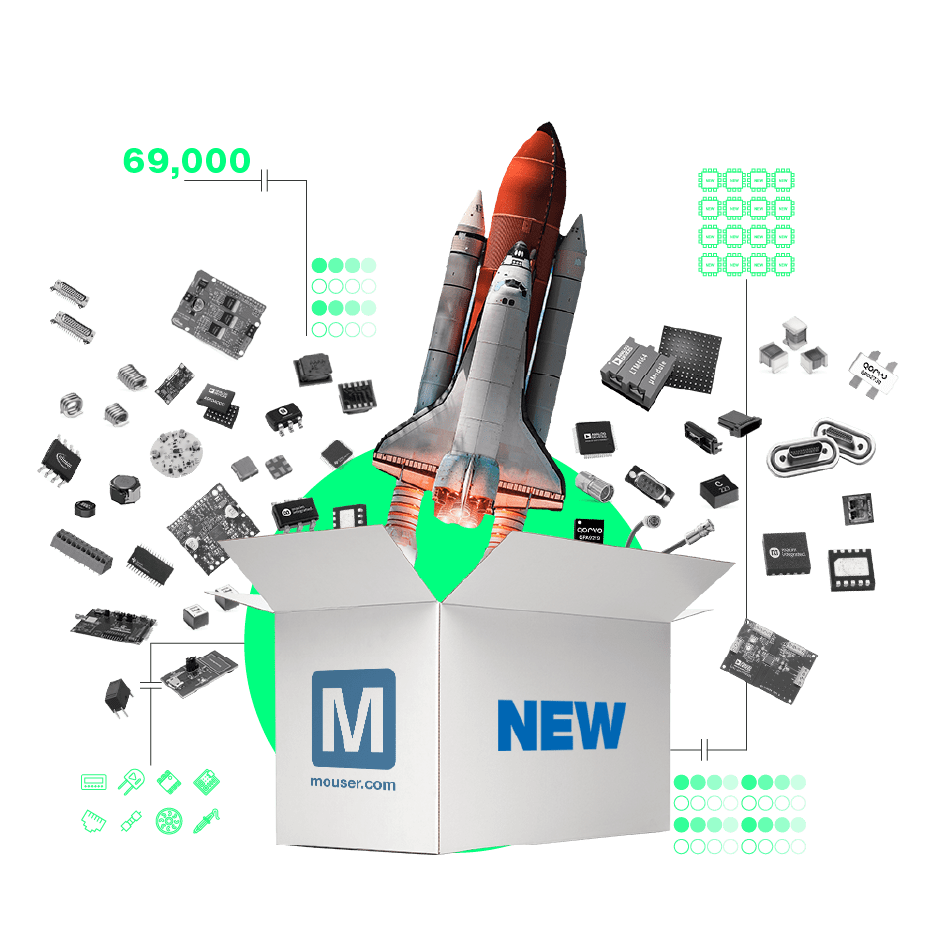 A mouser shipping box with electronic components and a rocket coming out of it