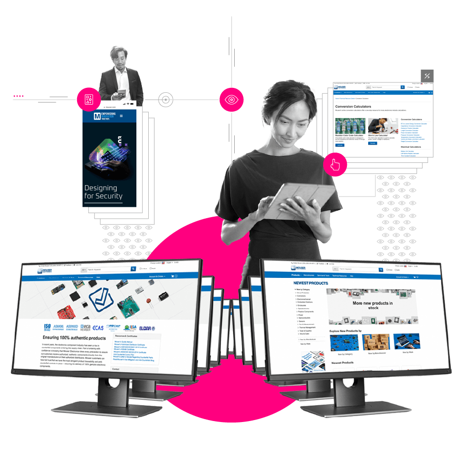 Multiple computer monitors showing mouser.com with a woman smiling and looking at an ipad behind them