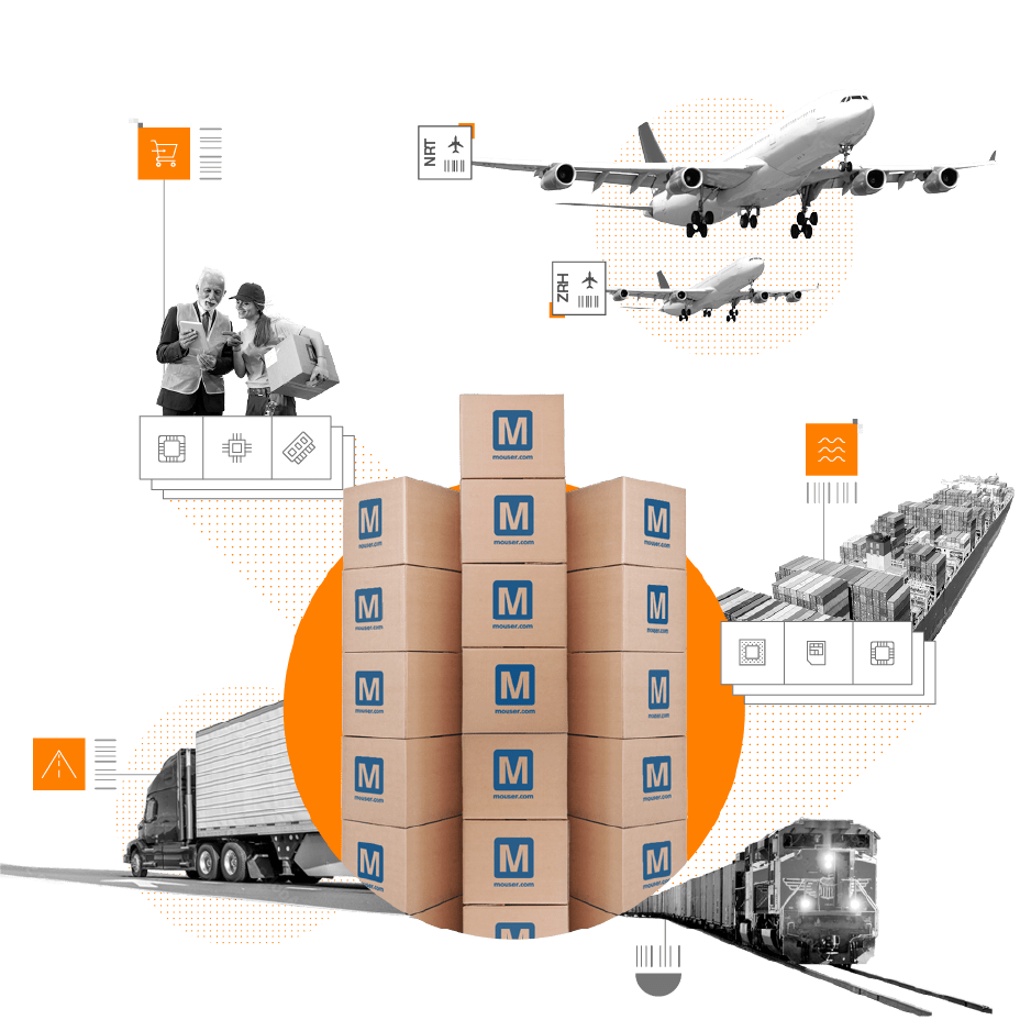 Mouser boxes with ships, trucks, planes, trains and delivery people