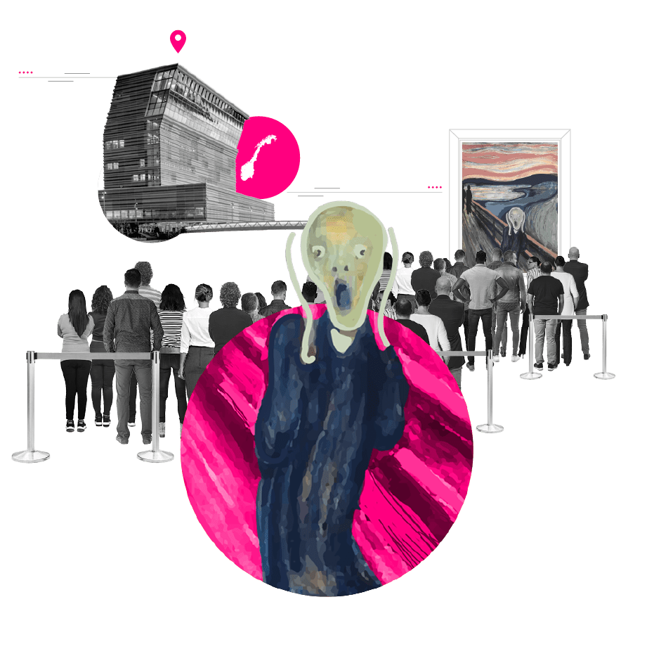 The Scream in the forefront with a line of people in line to see it