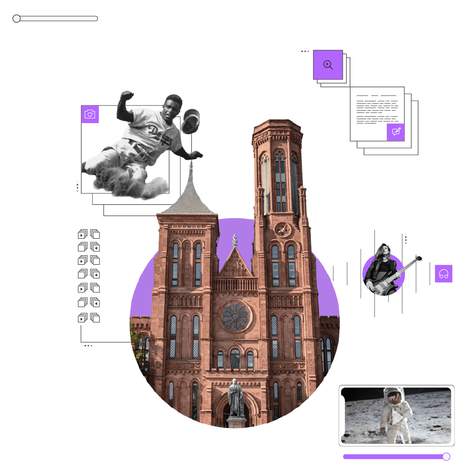 The Smithsonian Institute with images of a famous baseball player, a rock star and an astronaut