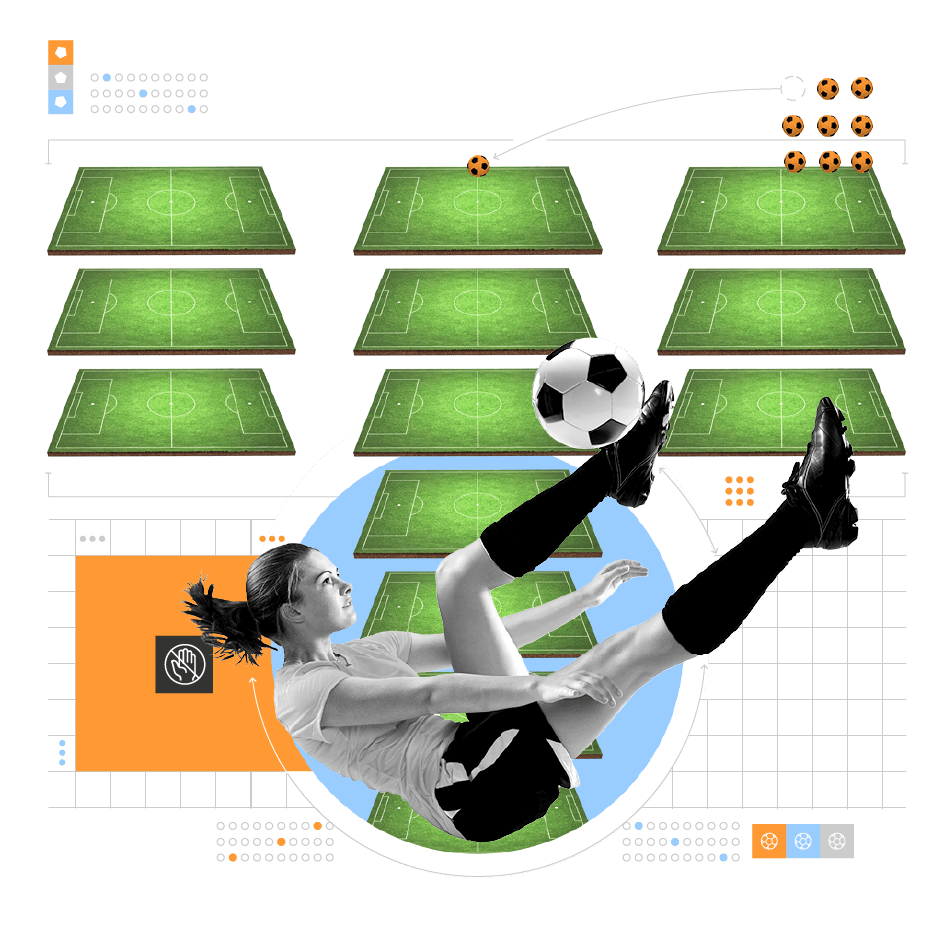 13 soccer fields in the background a woman kicking a soccer ball in the foreground