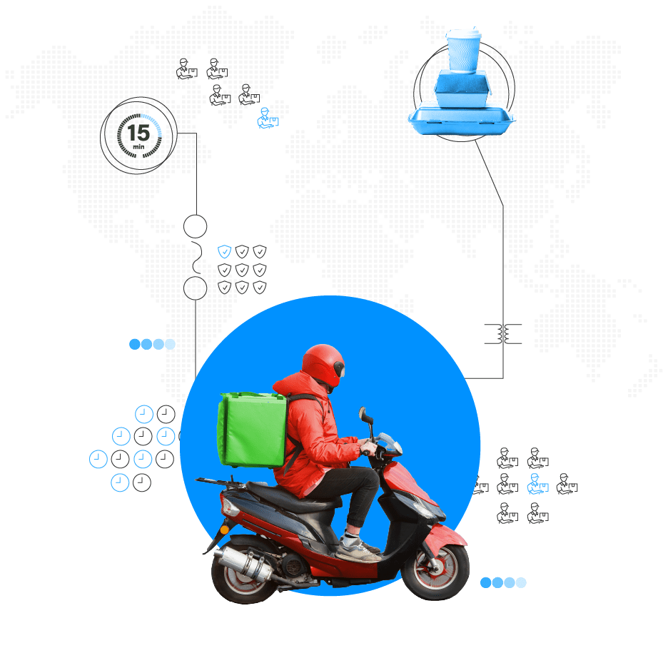 A delivery driver on a moped with a green food backpack on