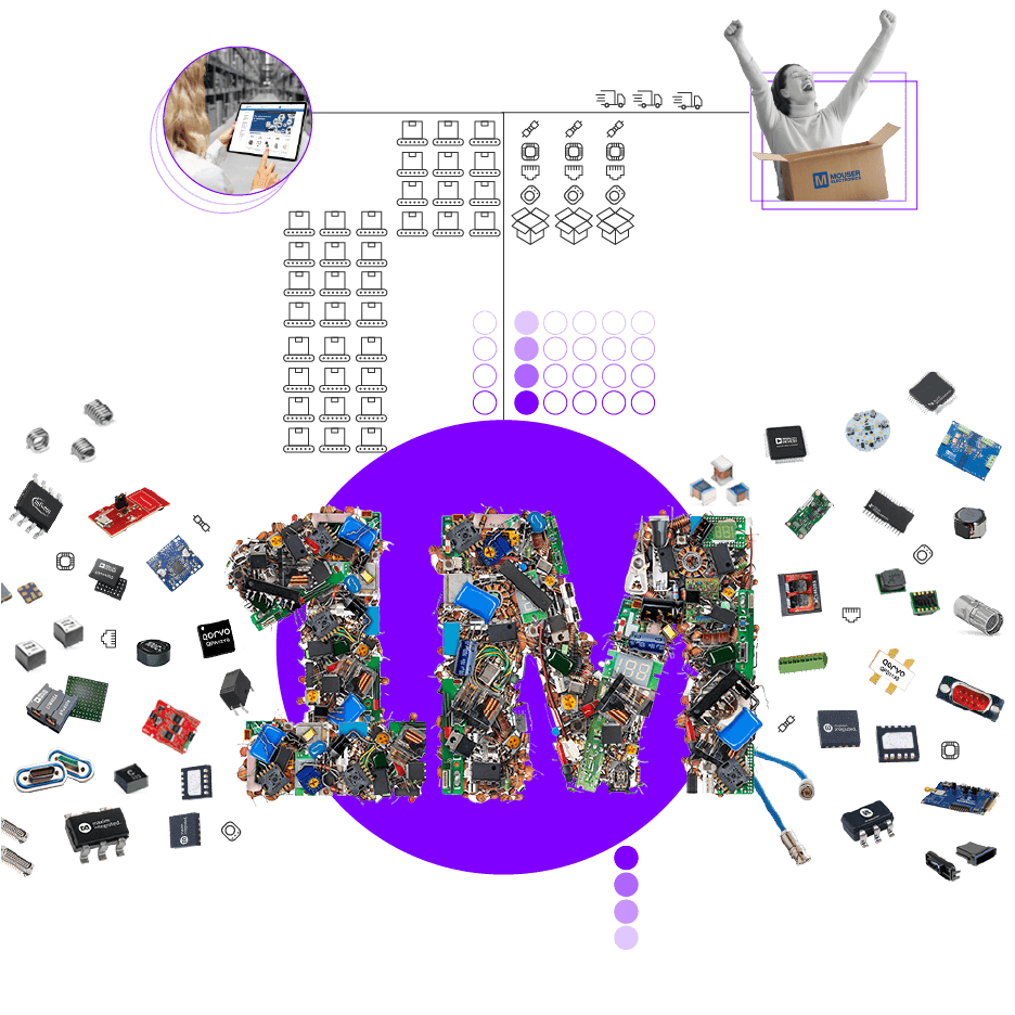 The number 1 and the letter M made out of electronic components