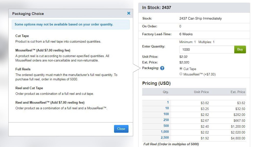 Packing Reel Options Mouser