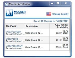 Accelerator plugin displaying manufacturing part number, manufacturer name, part description and latest pricing and availability information