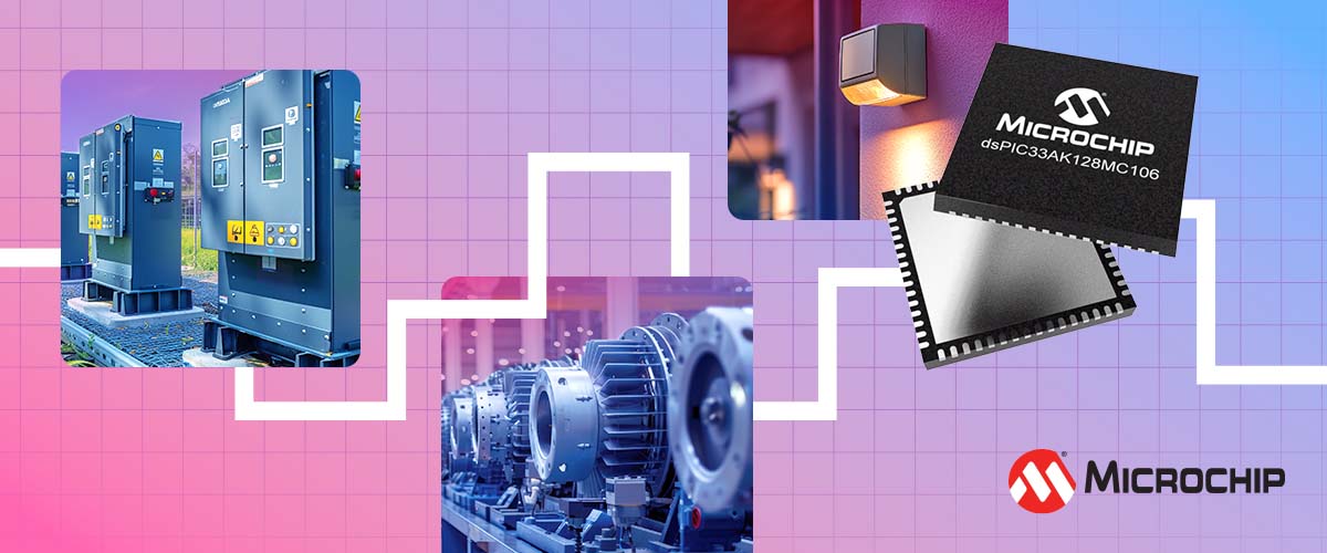산업용 제어 패널, 모터, 및 센서 조명이 흰색 디지털 신호 선을 따라 정렬되어 있으며, 마이크로칩 dsPIC33AK 디지털 신호 컨트롤러와 로고로 이어진다.